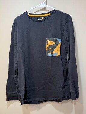 Timberland Navy Long-Sleeve Tee with Mustard & Light Blue Camo Pocket